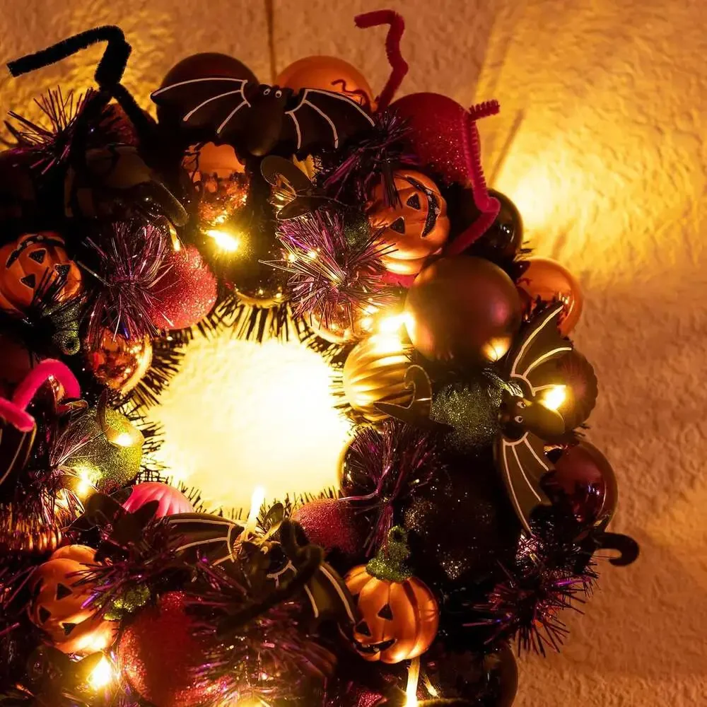Halloween Pumpkin Wreath 12 Inch Front Door Decor with LED Lights and Timer